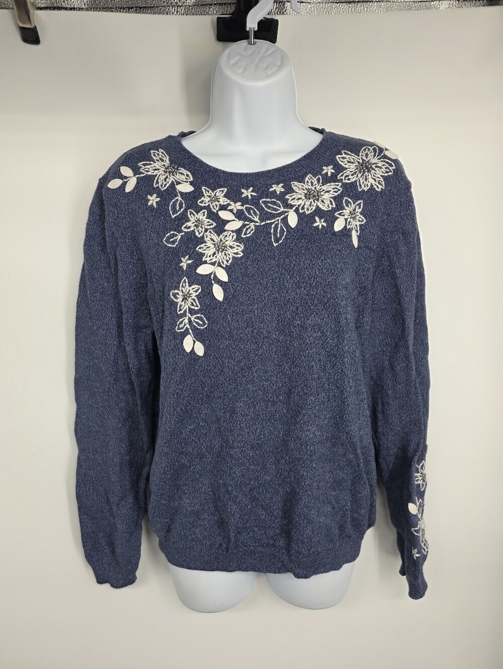 Samantha Grey Sweater Women S Blue 3D Floral Embroidered Applique Beaded Pullove
